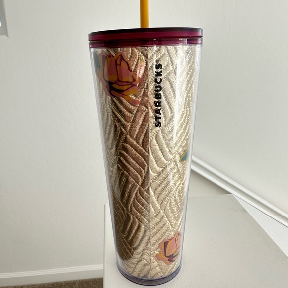 New Starbucks Fall 2020 Gold quilted with pink roses Tumbler - Picture 2 of 2